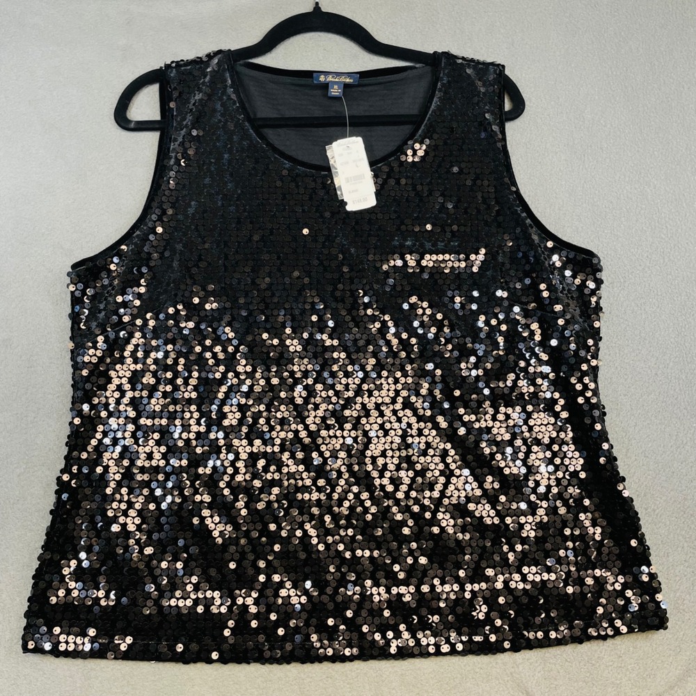 NWT Brooks Brothers Black Sequin Tank Top Women XL Holiday Party Glam Sleeveless